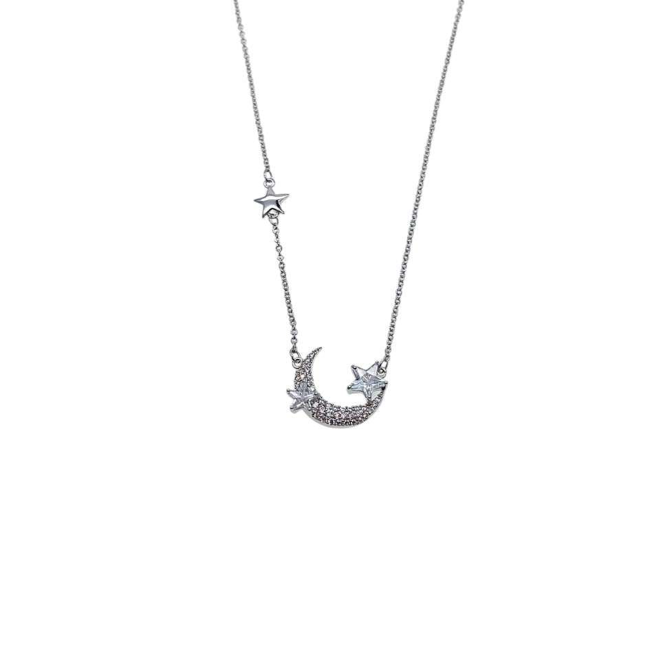 Moon and star cubic zirconia necklace with rhodium plating and adjustable chain