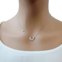Moon and Star Cubic Zirconia Necklace with rhodium plating and adjustable chain