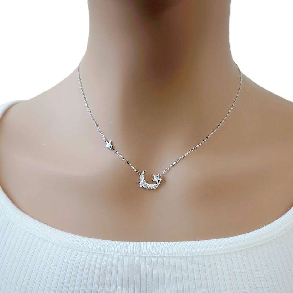 Moon and Star Cubic Zirconia Necklace with rhodium plating and adjustable chain
