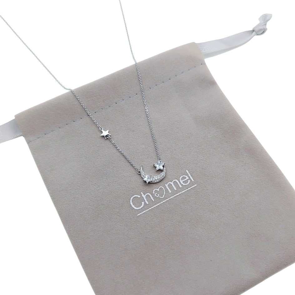 Moon and Star Cubic Zirconia Necklace with rhodium plating and adjustable chain