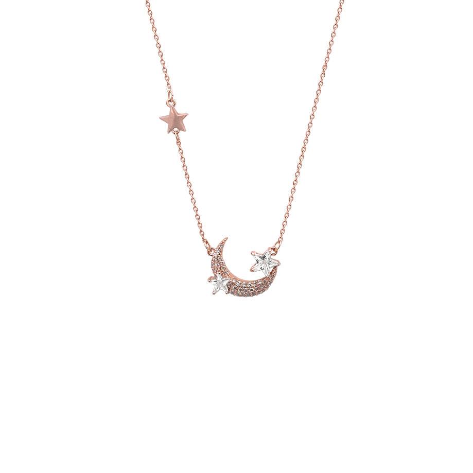Moon and Star Cubic Zirconia Necklace in Rosegold with adjustable chain and sparkling celestial pendant