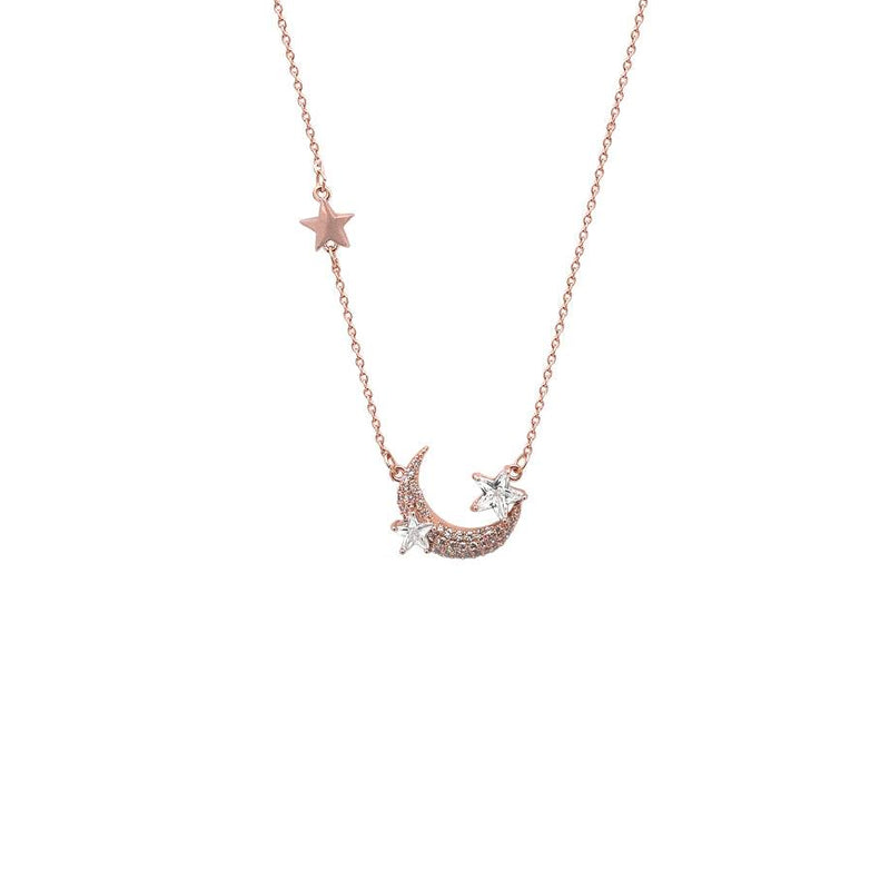 Moon and Star Cubic Zirconia Necklace in Rosegold with adjustable chain and sparkling celestial pendant