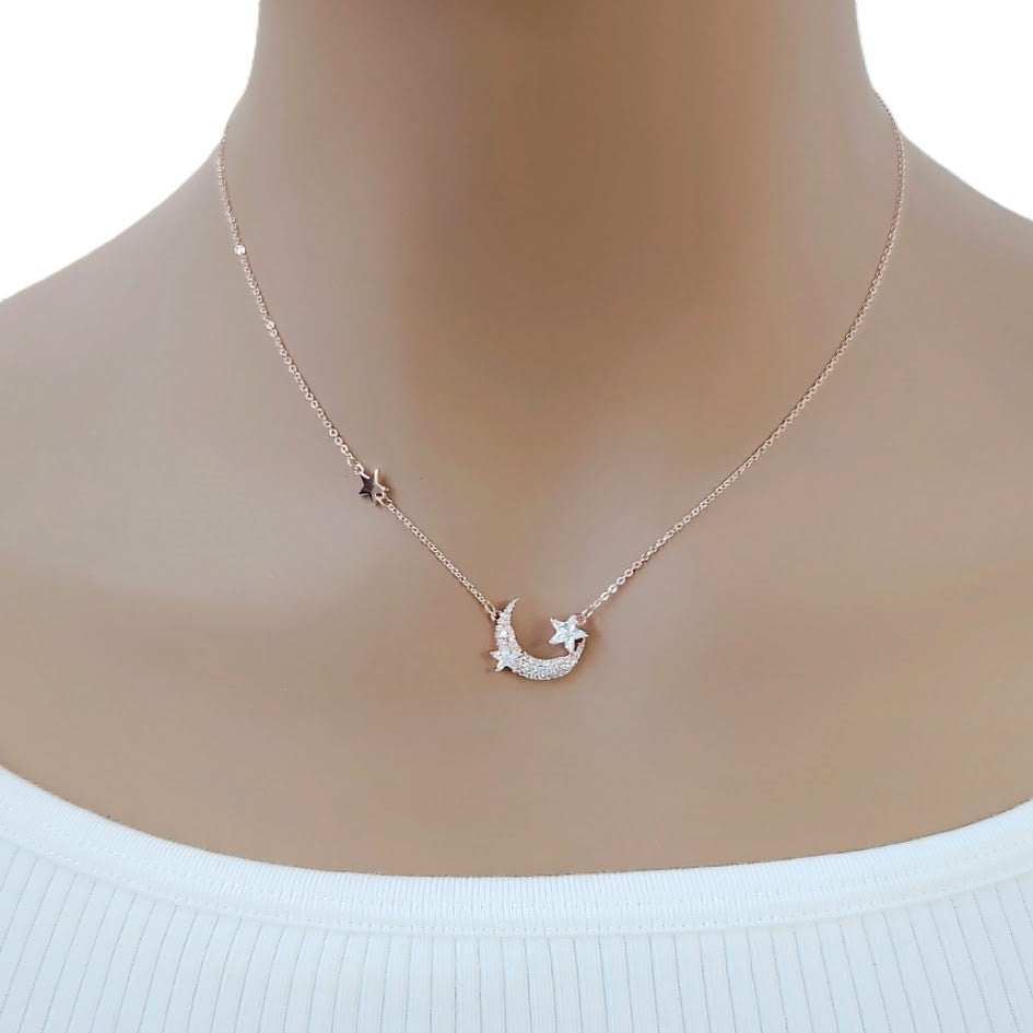 Moon and star cubic zirconia necklace in rosegold with adjustable chain