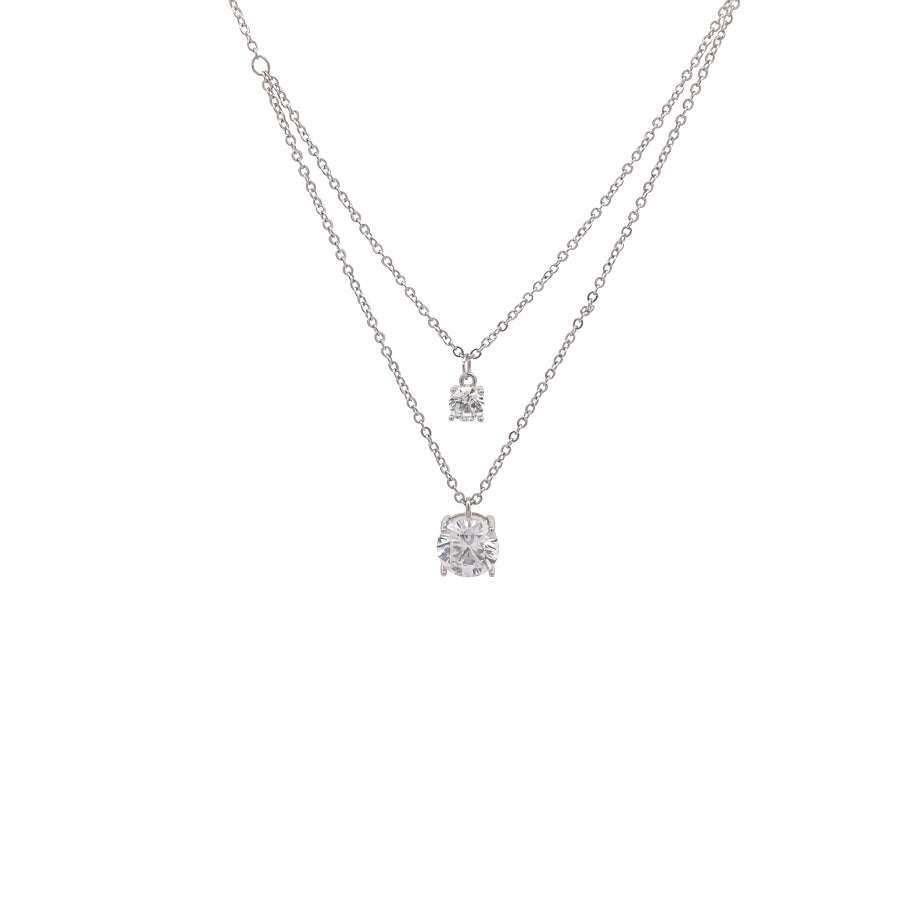 Elegant cubic zirconia layered necklace with 4mm and 7mm solitaires and rhodium plated finish