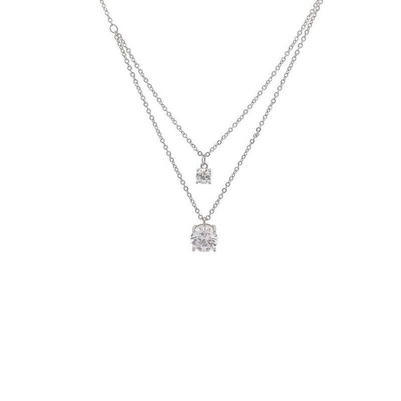 Elegant cubic zirconia layered necklace with 4mm and 7mm solitaires and rhodium plated finish