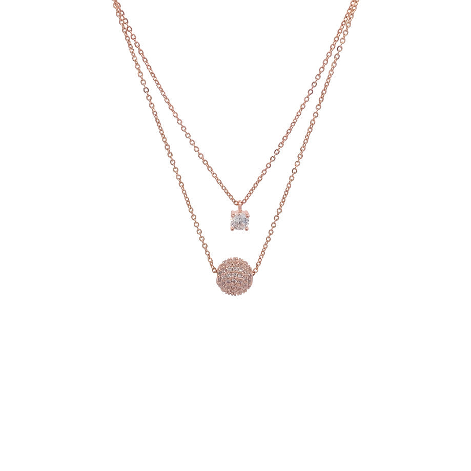 Rose gold heart cubic zirconia necklace with dual layered 4mm solitaire and 8mm CZ ball pendants