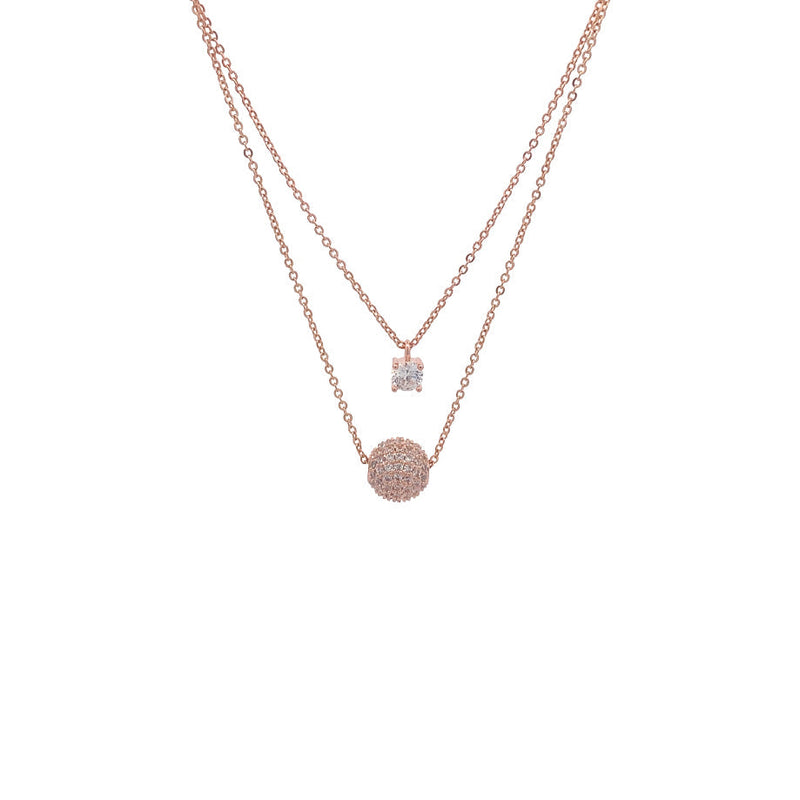 Rose gold heart cubic zirconia necklace with dual layered 4mm solitaire and 8mm CZ ball pendants