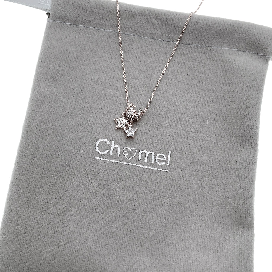 Lock & Key Cubic Zirconia Necklace with rhodium plated finish and adjustable slider rings