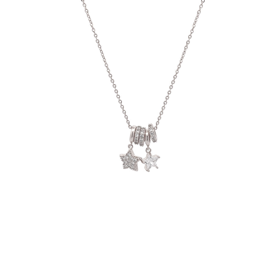Lock & Key Cubic Zirconia Necklace with movable slider rings and rhodium plated finish