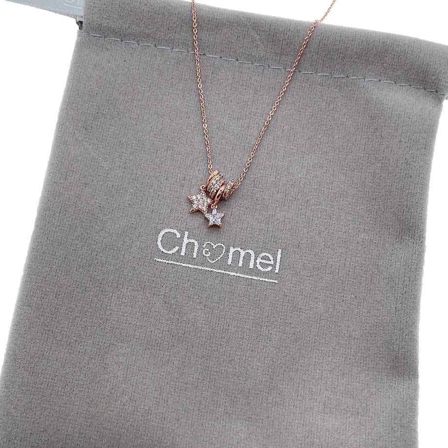 Lock & Key Cubic Zirconia Necklace with rosegold plated star pendants and adjustable slider rings