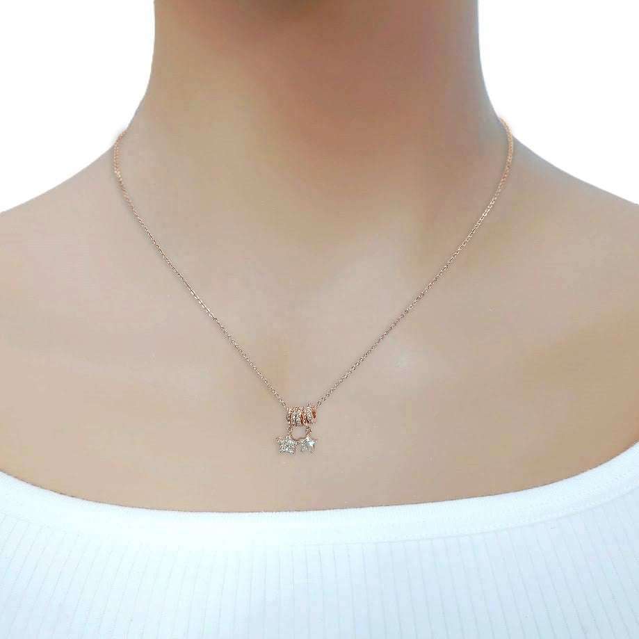 Lock & Key Cubic Zirconia Necklace with rosegold plated stars pendant and adjustable slider rings