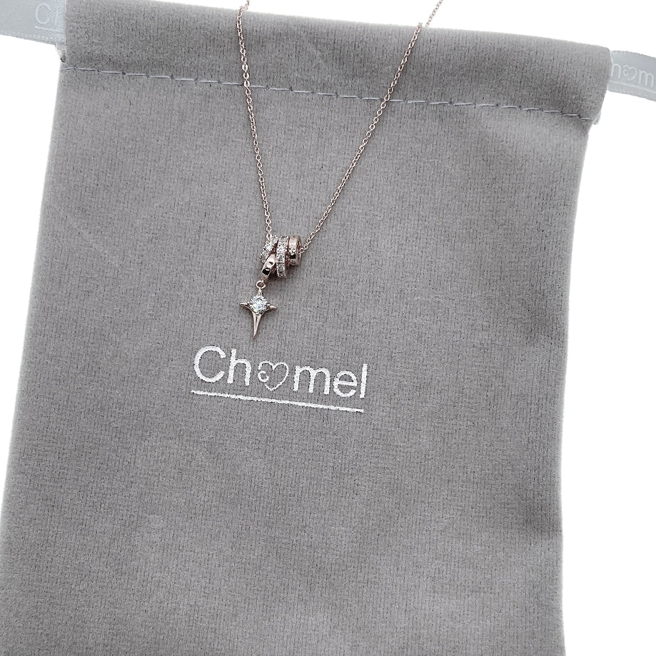 Lock & Key Cubic Zirconia Necklace with celestial drop pendant and 3 moveable slider rings, rhodium plated finish