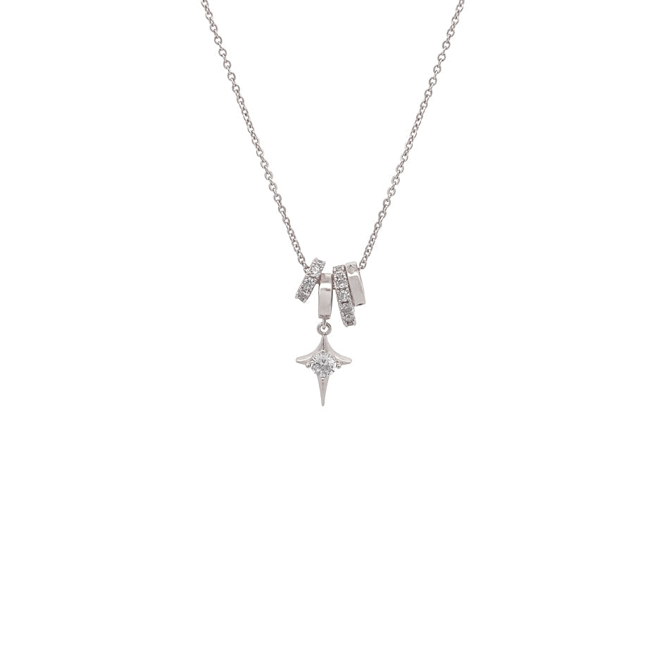 Lock & Key cubic zirconia necklace with celestial drop pendant and adjustable slider rings in rhodium plating