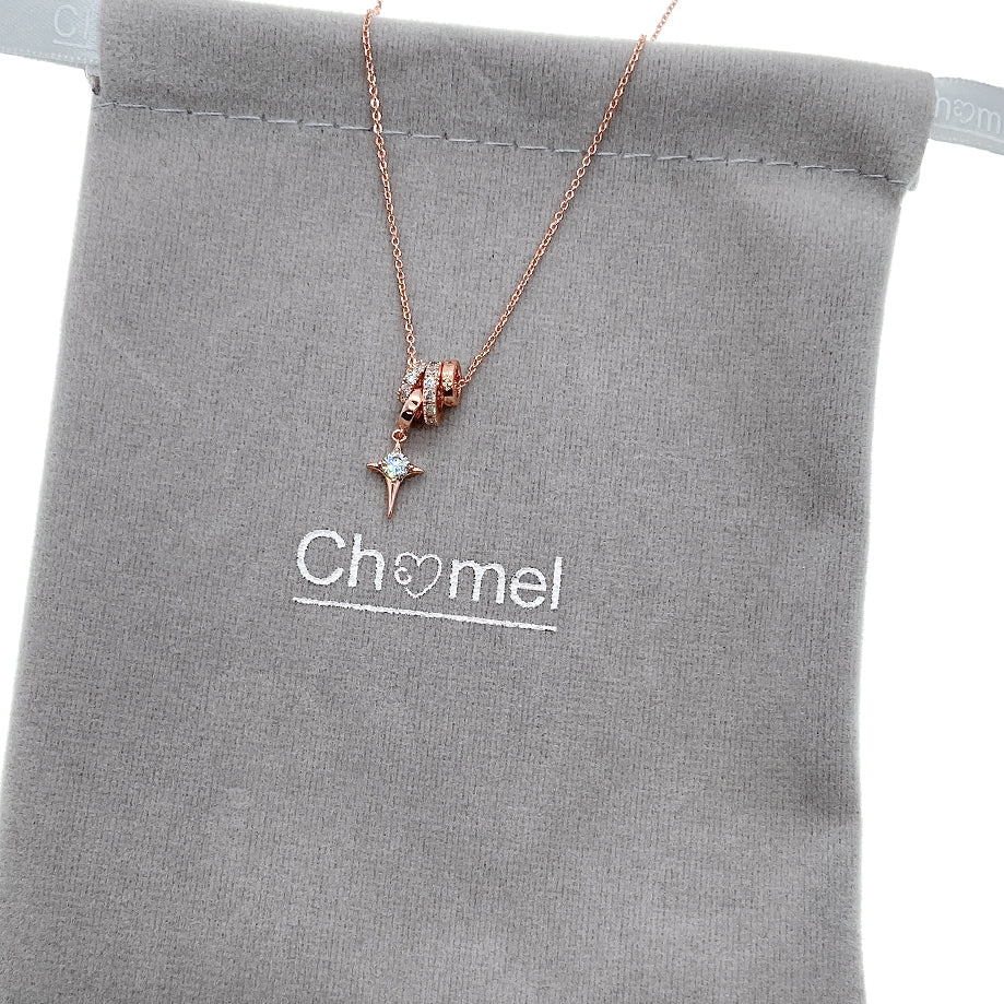 Rosegold plated Lock & Key Cubic Zirconia necklace with celestial pendant and 3 adjustable slider rings
