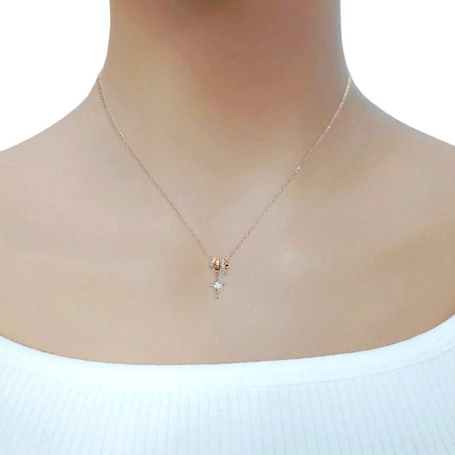 Lock & Key Cubic Zirconia Necklace with celestial pendant and moveable slider rings in rosegold finish