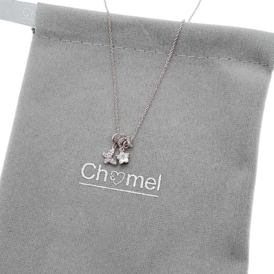 Lock & Key Cubic Zirconia Necklace with star and butterfly pendants and adjustable slider rings