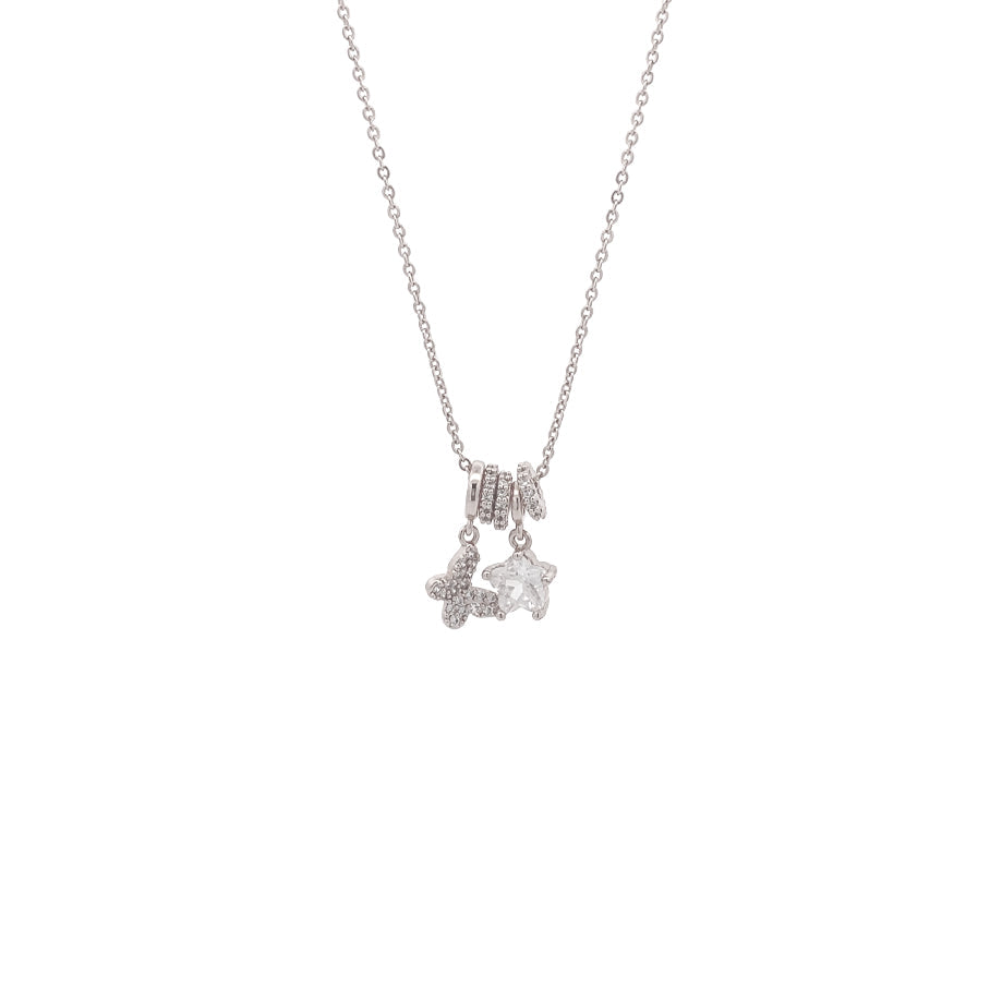 Cubic Zirconia star and butterfly pendant necklace with moveable slider rings and rhodium plating