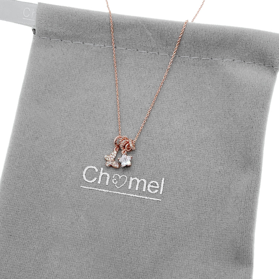 Lock & Key Cubic Zirconia Necklace with rosegold butterfly and star pendants and adjustable slider rings