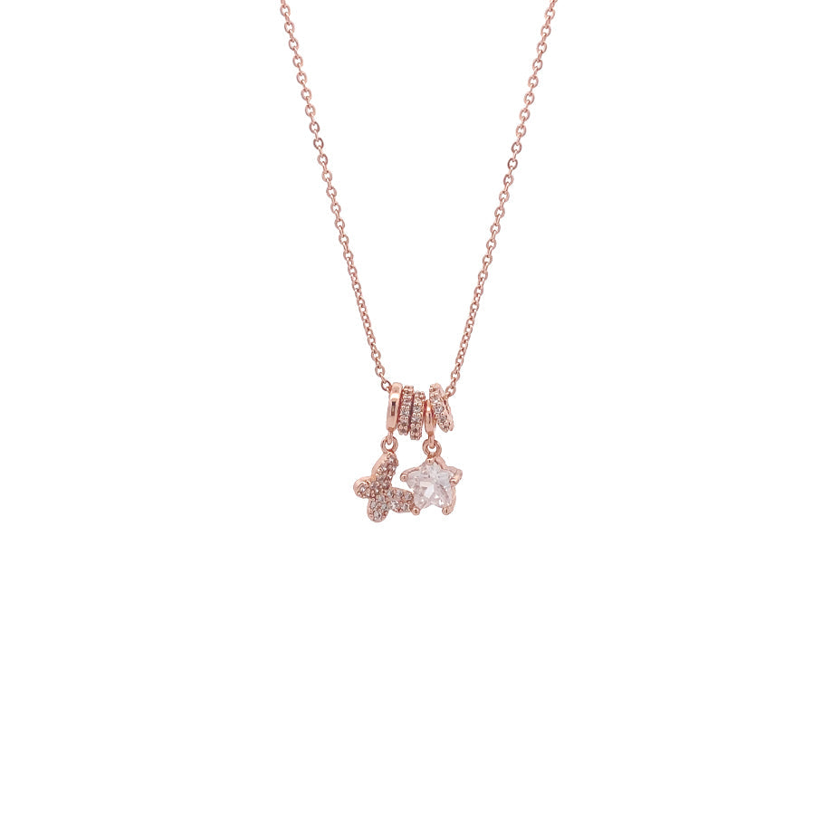 Rosegold plated Lock & Key Cubic Zirconia necklace with star and butterfly pendants and adjustable slider rings