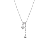 Lock & Key Cubic Zirconia Necklace with 3 moveable slider rings, heart and round solitaire pendants, rhodium plated, adjustable chain length