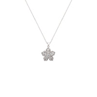 Spinning flower necklace pendant with cubic zirconia on rhodium plated chain