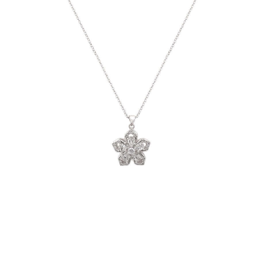 Spinning flower necklace pendant with cubic zirconia on rhodium plated chain