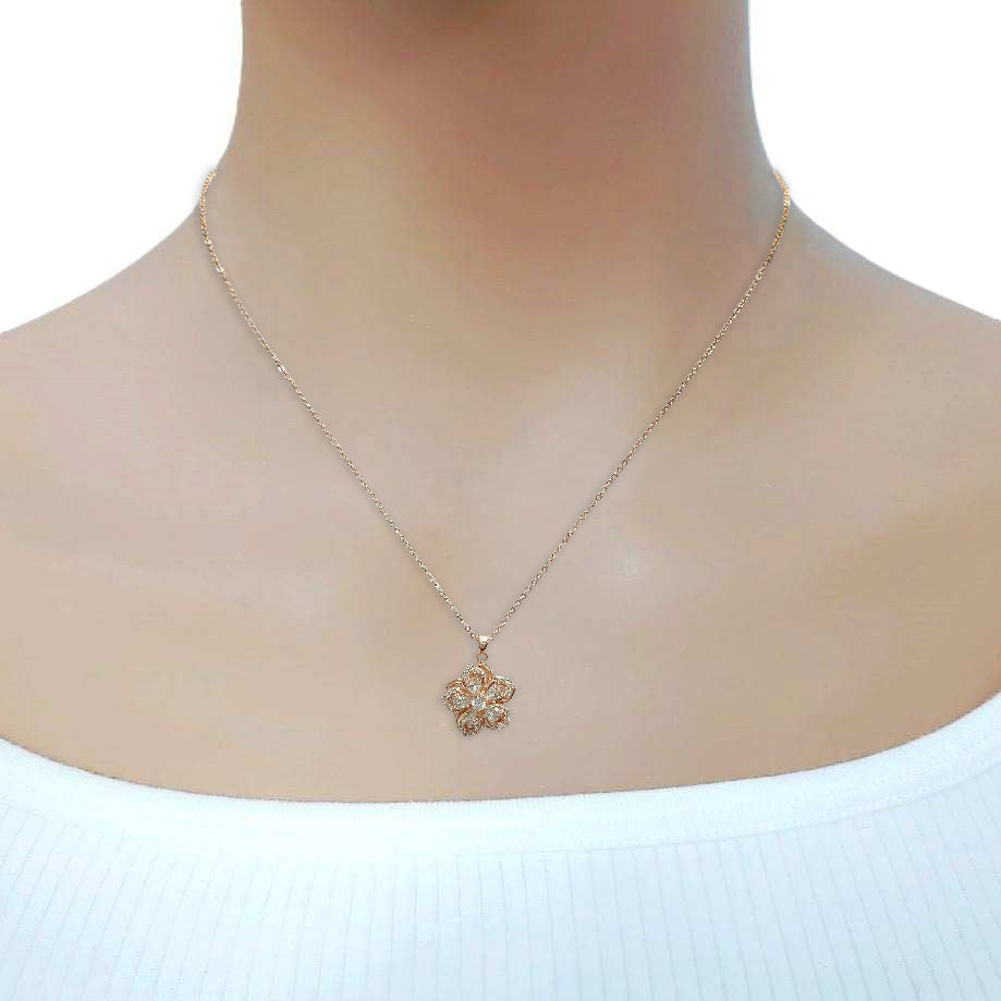 Rosegold flower necklace with spinning cubic zirconia pendant on delicate chain
