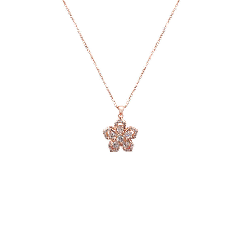 Rosegold plated flower necklace with spinning cubic zirconia pendant on delicate chain