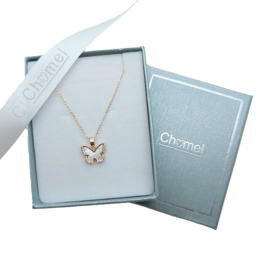 Butterfly Cubic Zirconia Necklace with a gold-tone chain and butterfly pendant featuring a pale center and sparkling border.