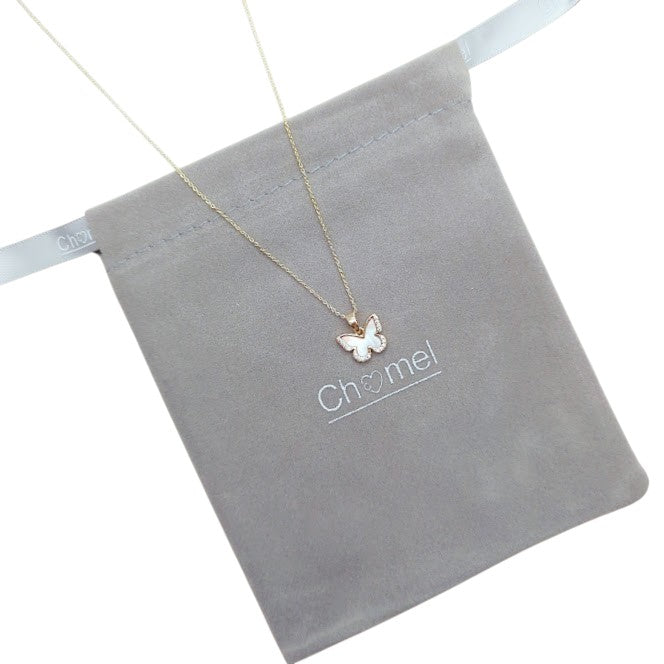 Butterfly Cubic Zirconia Necklace with a delicate gold-tone chain and small white butterfly pendant edged in sparkle.
