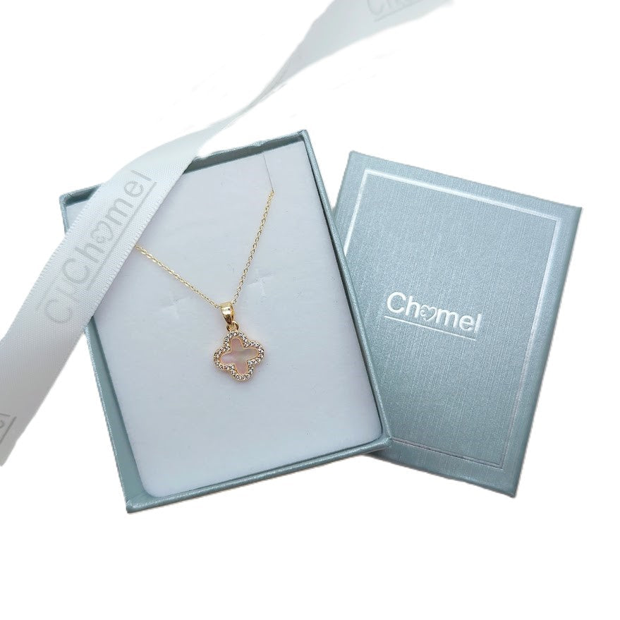 Clover pendant necklace in gold-toned metal with a sparkling stone border; Butterfly Cubic Zirconia design on a fine chain.