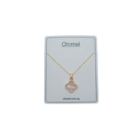 Gold-tone chain necklace with a pink four-leaf clover pendant edged in sparkling stones; Butterfly Cubic Zirconia design.