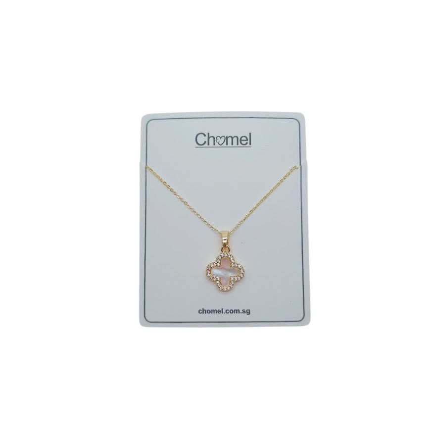 Gold-tone chain necklace with a pink four-leaf clover pendant edged in sparkling stones; Butterfly Cubic Zirconia design.