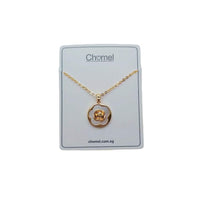 Gold-plated necklace with a round mother-of-pearl pendant and raised flower detail; Butterfly Cubic Zirconia style.