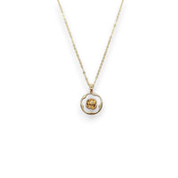 Gold-tone necklace with a round white mother-of-pearl pendant, wavy gold border and raised flower detail; Butterfly Cubic Zirconia style.