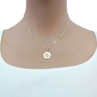 Gold-plated flower pendant necklace with a white round centre and delicate chain; Butterfly Cubic Zirconia detail is visible.
