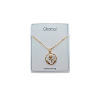 Gold-toned necklace with a round pendant featuring a raised flower and curved border, styled as Butterfly Cubic Zirconia.