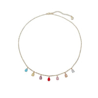 Coloured teardrop cubic zirconia necklace on gold-plated chain with spring clasp closure