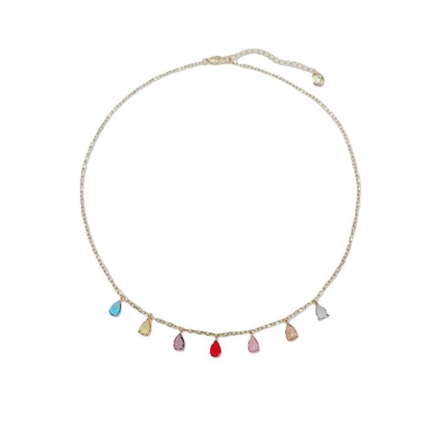 Coloured teardrop cubic zirconia necklace on gold-plated chain with spring clasp closure
