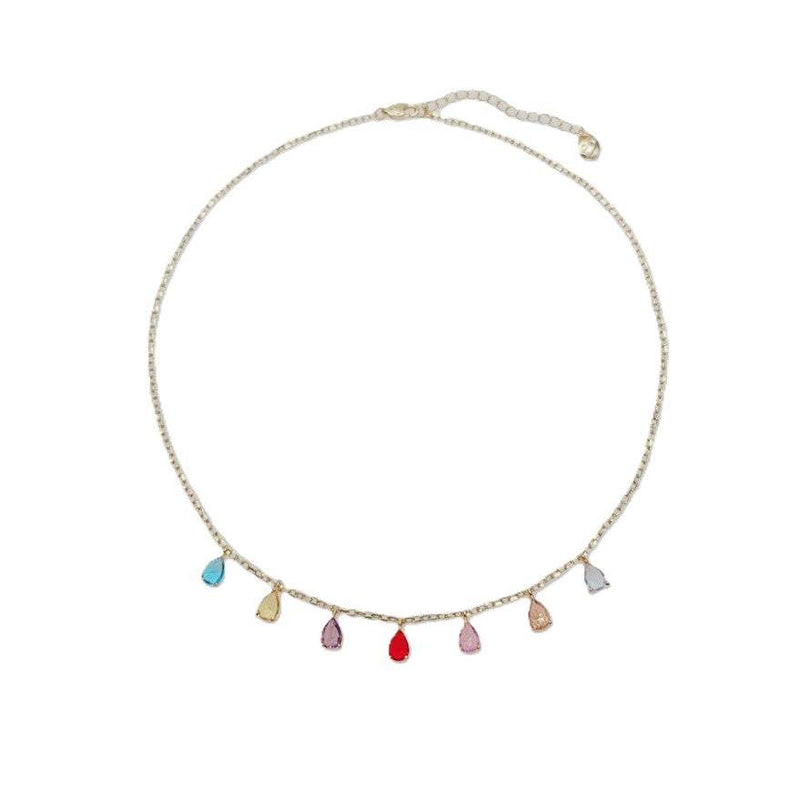 Coloured teardrop cubic zirconia necklace on gold-plated chain with spring clasp closure