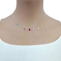Gold-plated cubic zirconia necklace with coloured teardrop stones and spring clasp closure
