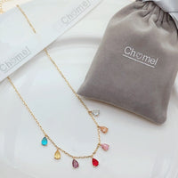 Gold-plated cubic zirconia necklace with coloured teardrop pendants and spring clasp closure