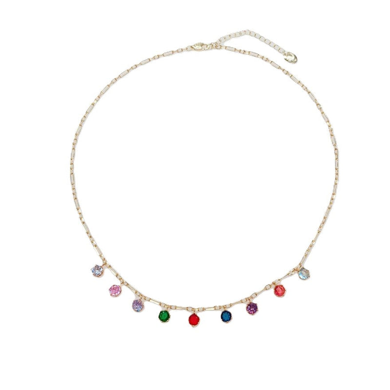 Gold-plated cubic zirconia necklace with colored round stones on delicate chain