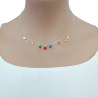 Gold-plated cubic zirconia necklace with colorful round stones on delicate chain