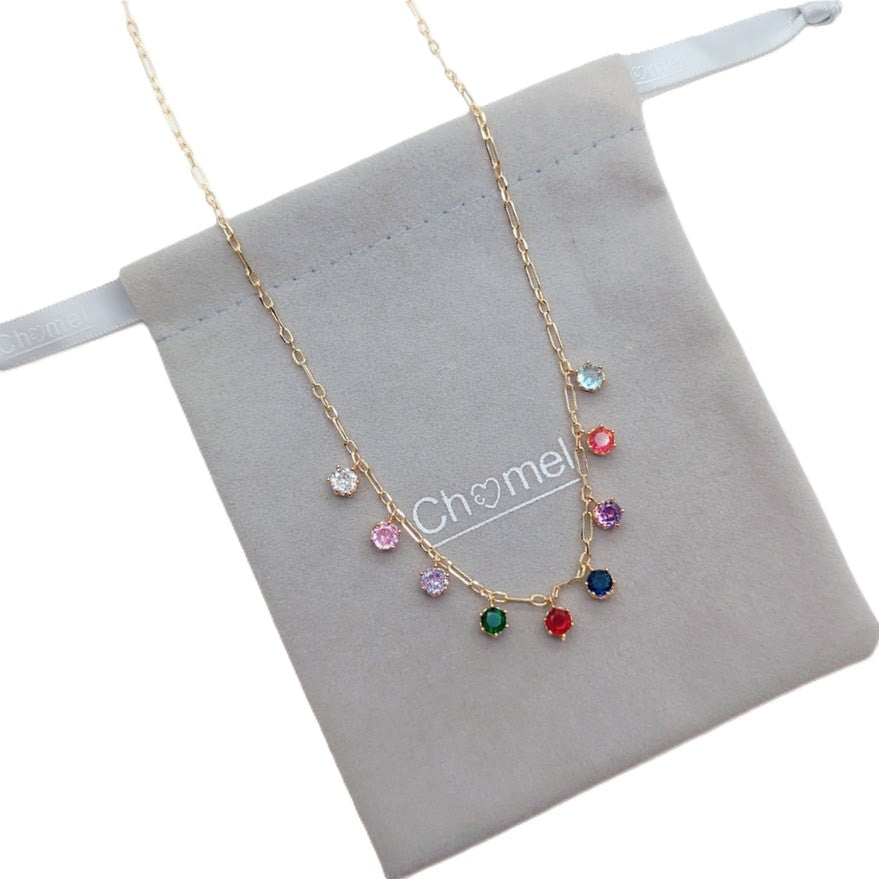 Cubic zirconia necklace with coloured round stones on gold-plated chain