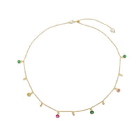 Gold plated cubic zirconia necklace with adjustable clasp and colorful drops