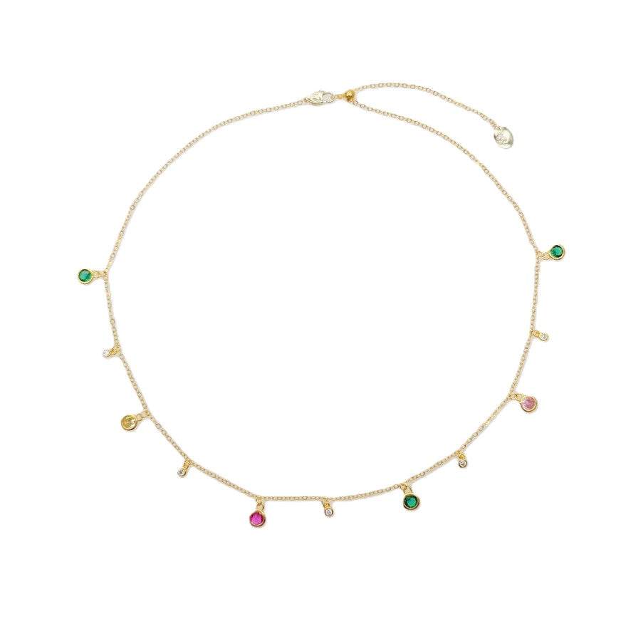 Gold plated cubic zirconia necklace with adjustable clasp and colorful drops