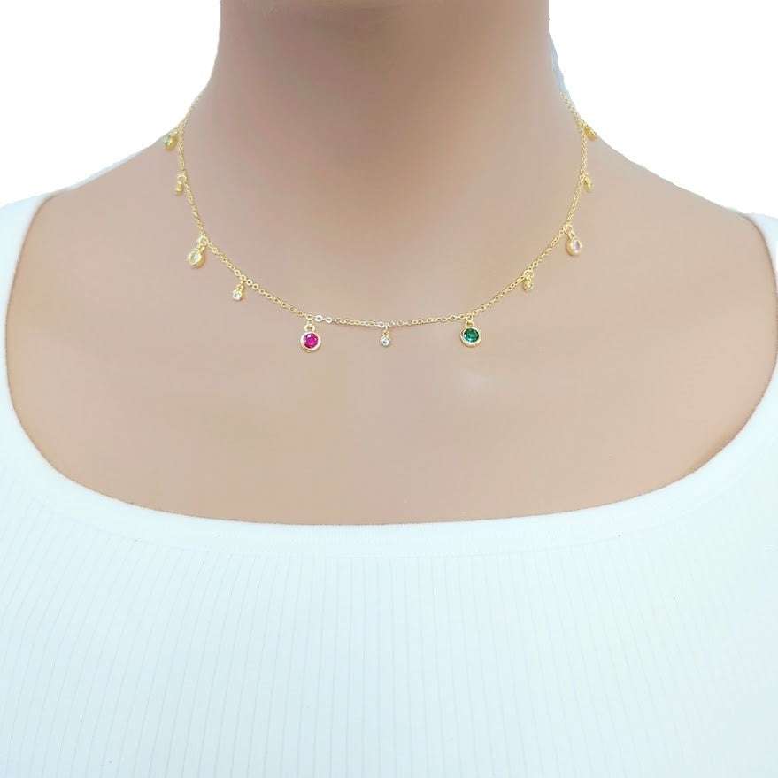 Elegant gold plated cubic zirconia necklace with adjustable clasp and colored drops