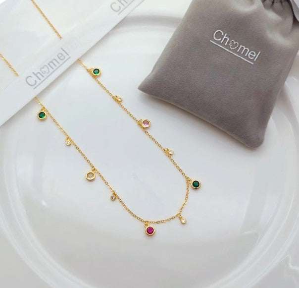 Gold plated cubic zirconia necklace with adjustable spring clasp and sliding ball