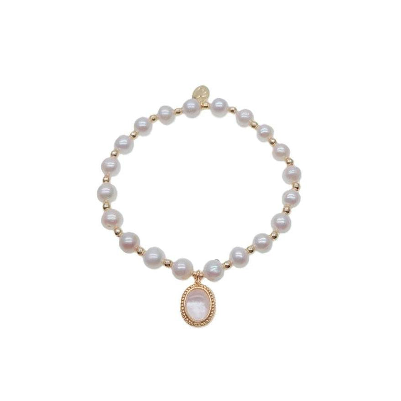Freshwater pearl bracelet with gold beads and oval simulated moonstone charm on elastic band